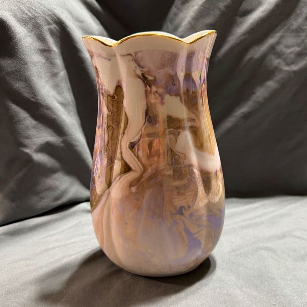 Porcelain Purple Marbled Porcelain Vase Gold Trim Printed Backstamp